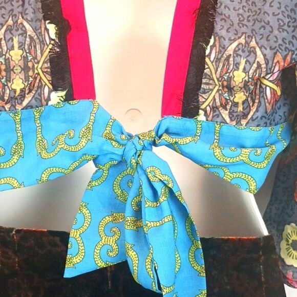 kimono sleeve boho Tribal cropped V-neck/back multicolored with Fringe top sz S - Picture 8 of 10